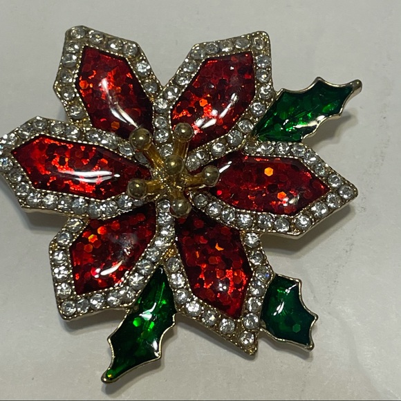 Poinsettia rhinestone encrusted pin pendant enamel Christmas flower - Picture 1 of 7